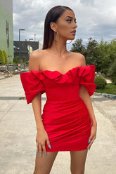 Off shoulder pleated red short Homecoming Dresses